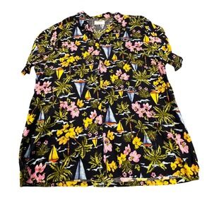 Old Navy Mens Large Tropical Sailboat Palm Tree Floral Hawaiian Camp Shirt